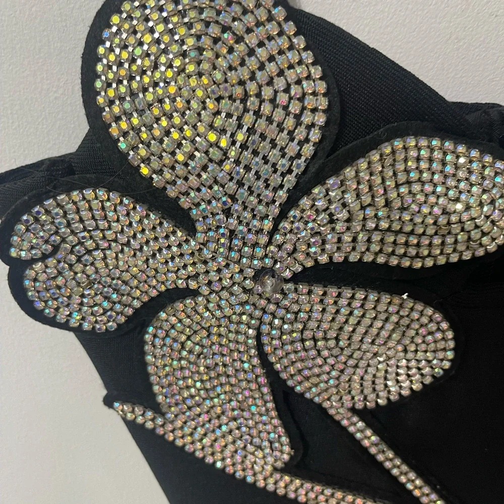 Elegant Black Dress with Rhinestone Floral Design - Picture 2 of 6